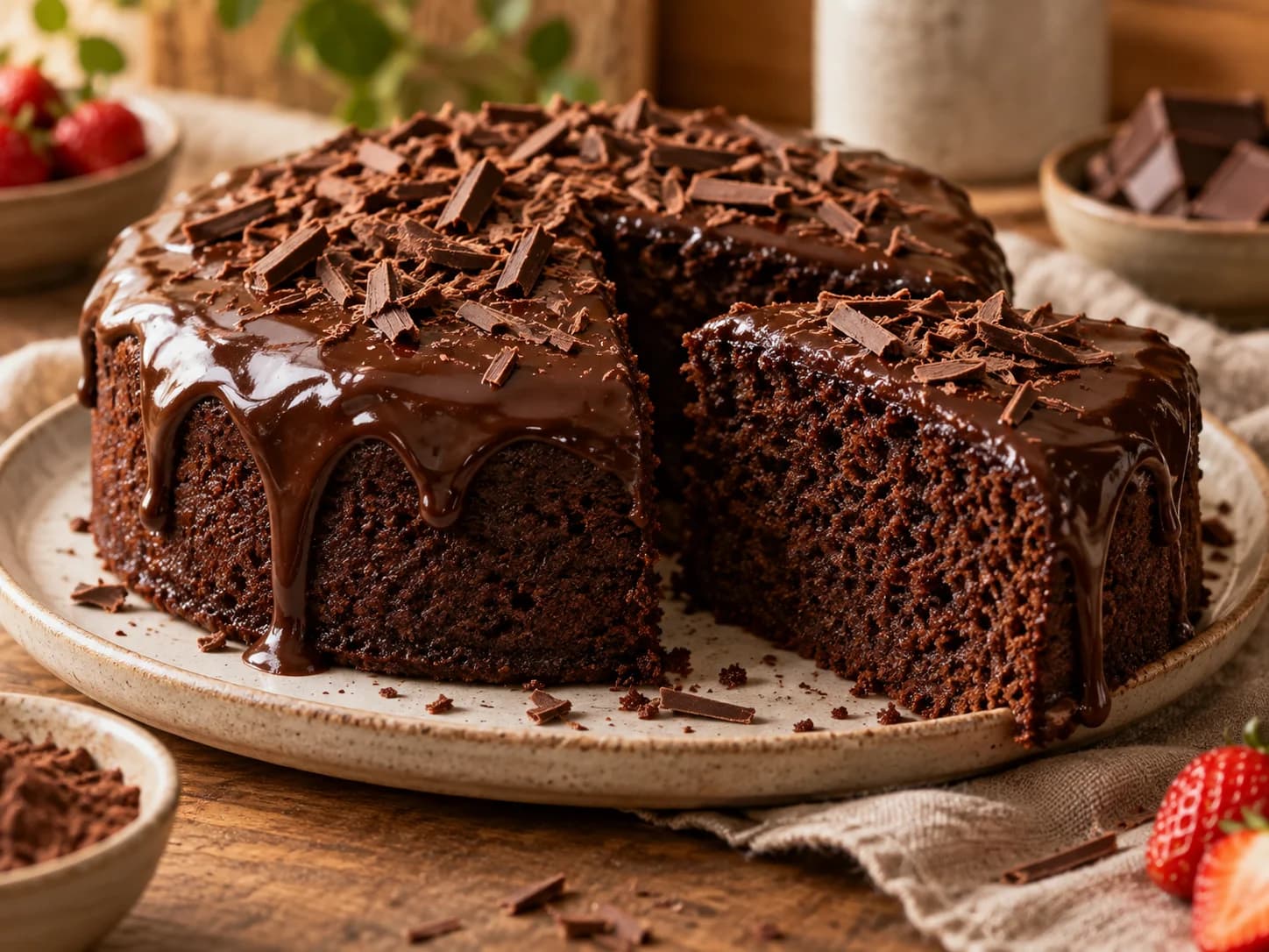 Bolo de chocolate redondo coberto com calda brilhante escorrendo pelas laterais e lascas de chocolate, com uma fatia cortada